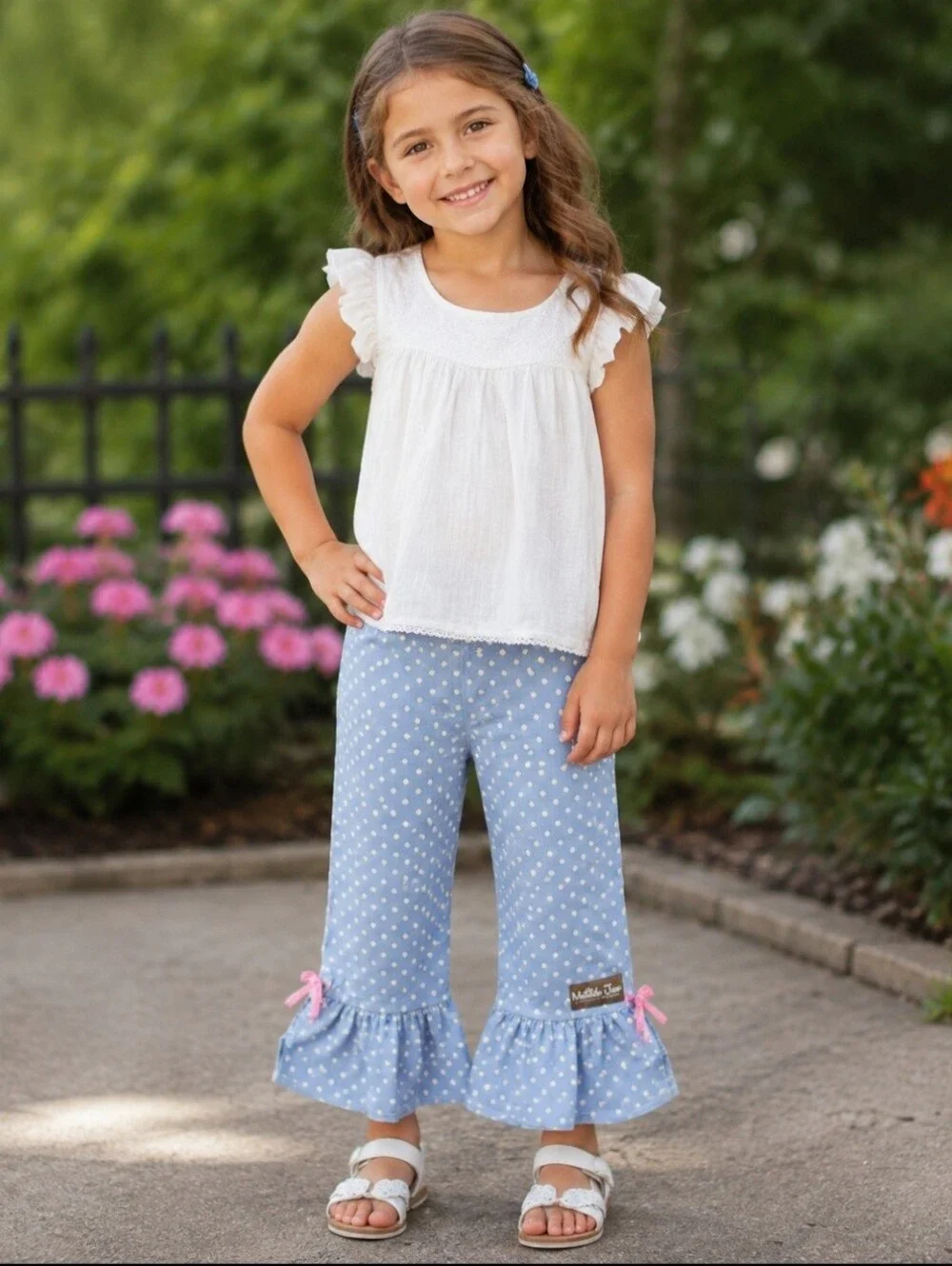 Matilda Jane Let's Go Together Blue Polka Dot Ruffle Cropped Pants